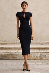 Schwarzes Midi Partykleid mit kurzen Ärmeln